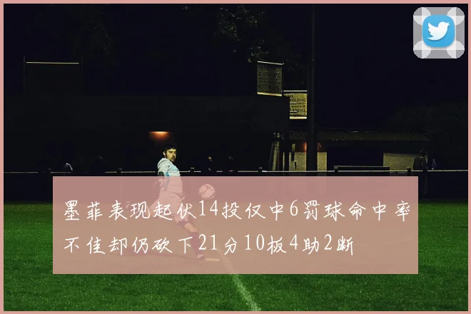 墨菲表现起伏14投仅中6罚球命中率不佳却仍砍下21分10板4助2断